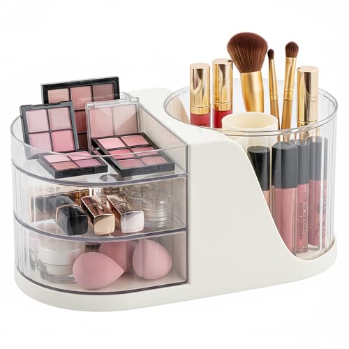 2 en 1 Organizador de Maquillaje Giratorio, Organizador de Cosméticos Multifunctional con 2 Cajones, Almacenaje Maquillaje de Gran Capacidad, Makeup Organizer Blanco para Tocador Dormitorio Baño 2 en 1 Organizador de Maquillaje Giratorio, Organizador de Cosméticos Multifunctional con 2 Cajones, Almacenaje Maquillaje de Gran Capacidad, Makeup Organizer Blanco para Tocador Dormitorio Baño