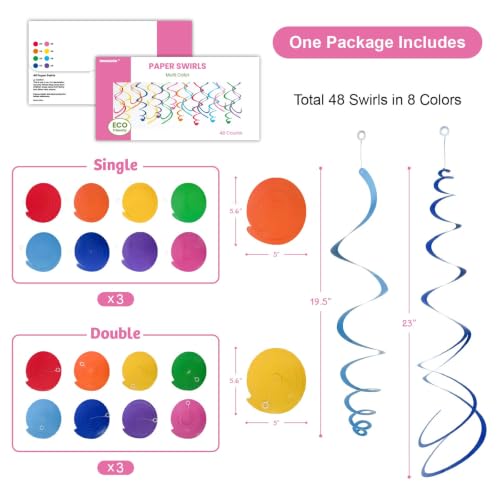 Image of HonuGoGo 48‑Piece Multi-Color Paper Swirl Decorations - Hanging Party Swirls for Birthday, Baby Shower, Wedding & Celebration Decor