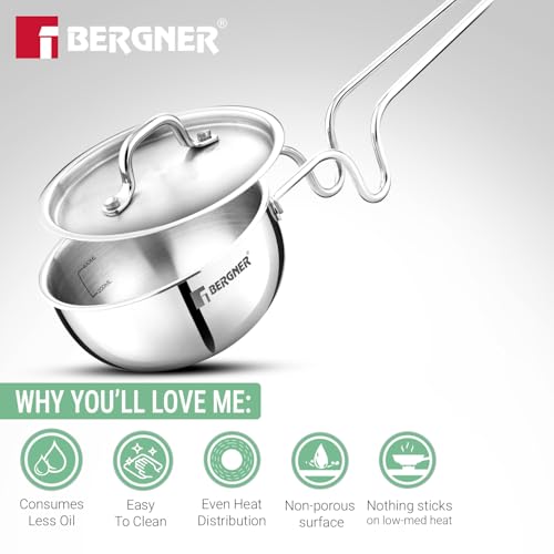 Image of BERGNER Argent Triply 12cm (500ml) Tadka Pan /Vagar /Vaghariya Pan for Spice Seasoning, Tempering, Ergonomic Stay Cool Touch Handle, Faster and Even Heat Distribution - Induction and Gas Stove Ready