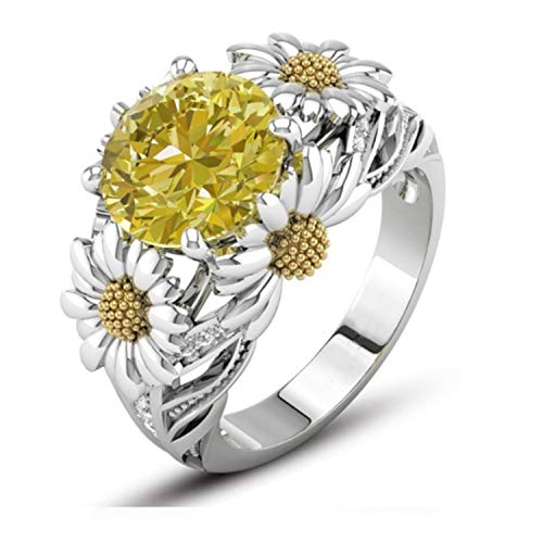Kuyiuif 925 Sterling Silver Ring Citrine Daisy Ring Cubic Zirconia Sunflower Flower Wedding Ring Fashion Lady CZ Ring (10)