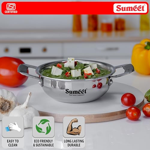 Image of Sumeet Cook Smart ISI Certified Tri-Ply (Steel - Aluminium - Steel) Mini Kadai with Silicon Grip | Induction and Gas Friendly | 2.5mm Thick | 370ml -12Cm, Silver