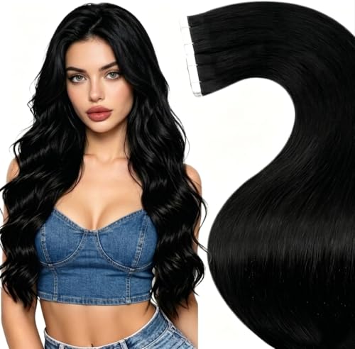 Image of LaaVoo Human Hair Tape in Extensions Black Tape in Hair Extensions Human Hair Invisible Tape on Human Hair Extension Real Hair 16inch 20pcs 40g