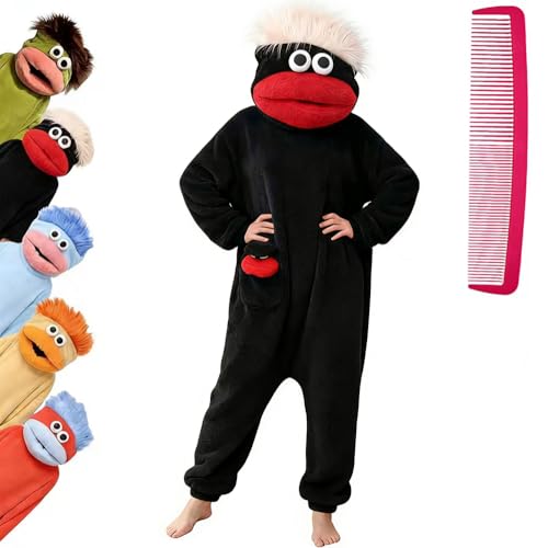 Brrioe Funny Big Mouth Monster Onesie Pajamas with Large Comb Oversized Plush Fleece Hooded One Piece for Sleep & Party (US Alpha X-Large Regular Regular Black)