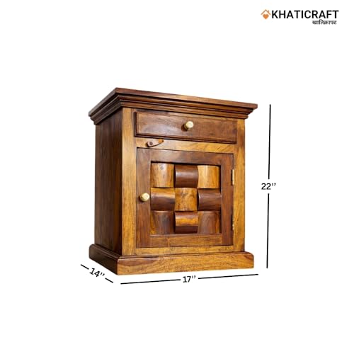 Image of Solid Sheesham Wood Niwar Bedside Table with Drawer and Door Storage for Bedroom Furniture | Wooden Nightstand Side Table for Living Room Home and Hotels | Honey Finish