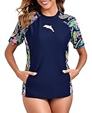 Halcurt Schwimmshirt Damen mit Tasche Kurzarm UV Shirt UPF 50+ Sonnenschutz Rash Guard Schnell Trocknender Badeshirt M