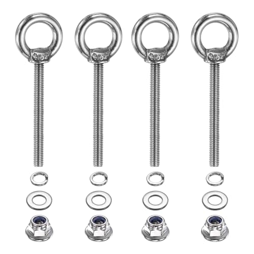 Image of PATIKIL M4 x 40mm Shoulder Eye Bolt, 4 Pcs 304 Stainless Steel Lifting Ring Threaded Eye Bolt with Flange Lock Nuts Spring and Flat Washers for Hanging Tie Down Straps Outdoor Indoor