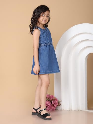 Image of superminis Girls Denim Solid Color Half Sleeves Dress with Embroidered Pocket (1 Dress)