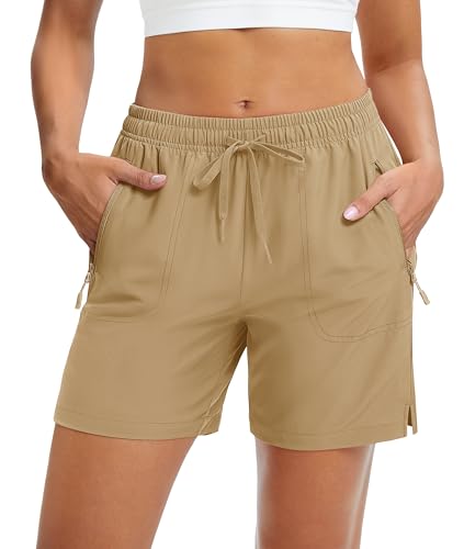 MAGCOMSEN Athletic Running Shorts Women Lightweight Quick Dry 5 Hiking Gym Shorts Zipper Pockets Golf Summer Khaki M