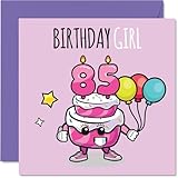 biglietto di auguri per 85° compleanno da donna, con torta di compleanno con palloncini e scritta in lingua inglese birthday girl, per donna di 85 anni, nonna, moglie, nonna, 145 mm