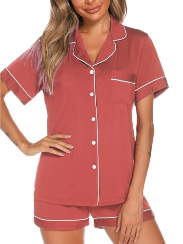 Image of Aamikast Button Up Pajama Set for Women Shorts Short Sleeve Knit Sleepwear 2 Pice Pjs Sets
