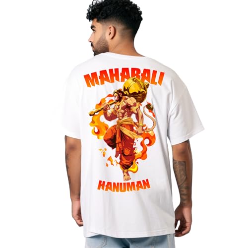 Image of prabhu bhakti Men's Oversized Mahabali Hanuman Printed T-Shirt |Back Print Drop Shoulder Pure Cotton Oversized Tshirt for Men