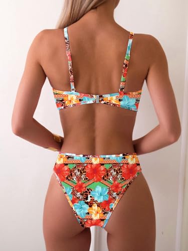 Image of Fanuerg Women's Triangle Bikini Sets O Ring Linked Two Piece Swimsuits Floral Printed Cheeky Bathing Suit