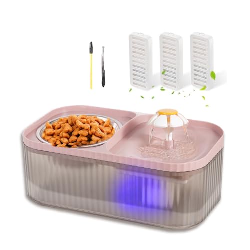 Marchul Cat Water Fountain and Stainless Steel Food Bowl, 100oz/3L Super Quiet Automatic Pet Water Dispenser with Smart Pump and 3 Replacement Filters for Cats and Small Dogs, Pink Pink L