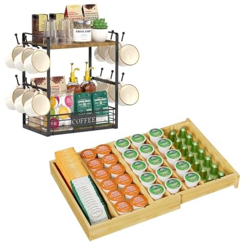 EsLuker.ly 2 Tier Coffee Bar Organizer Countertop and Coffee Pod K Cup Holder Organizer for Drawer Insert Cover