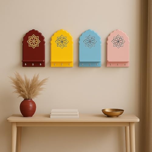 Image of Globally Indian Engineered Wood Keys Holder for Wall with Shelf | Mandala Design Key Stand Organizer for Home Entrance |Decorative Key Hanger for Wall, Entryway, Living Room |Floating Wall Shelf (Red)