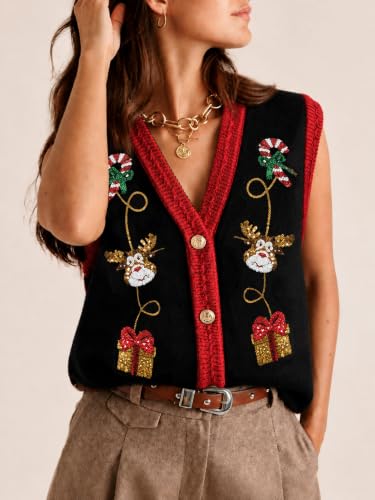 Image of Women Christmas Sweater Vests Santa Claus Sleeveless Cardigan | Women Christmas Sequin Sweater Vests, Button Down, Gingerbread Man Print, Christmas Holiday Tank Top