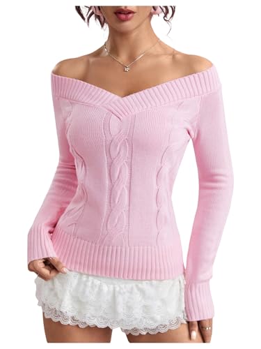 Image of MakeMeChic Women's V Neck Cable Knit Sweater Long Sleeve Knit Slim Fitted Y2K Tops Shirts Pink Medium