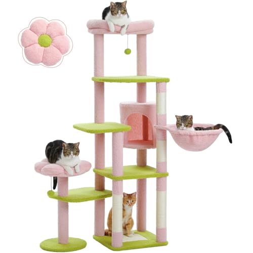 Grande tour à chat cactus rose multi-niveaux : griffoir pour chaton et lit douillet suspendu
