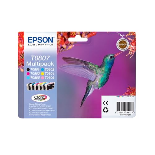 Epson T080 Serie Colibrì, Cartuccia Originale Getto d'Inchiostro Claria Photographic, Formato Standard, Multipack 6 Colori