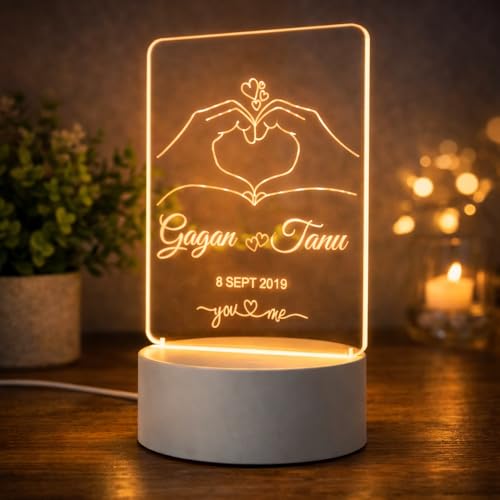 Image of Customized 3D Lamp for Couples - Personalized LED Night Light with Names, Unique Gift for Husband Wife, Custom Romantic Decor for Birthday, Wedding, or Valentine (Hand Heart Name Lamp)
