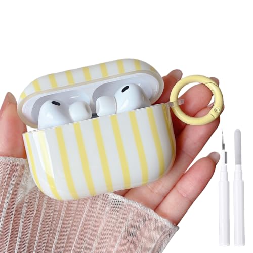 Image of MINSCOSE for AirPods Pro 3rd Generation Case (2025),Cute Striped Aesthetic Pattern Design with Girly Keychain Ring,Soft TPU Protective Shockproof Cover with Cleaner Kit for Airpods Pro 3-Yellow