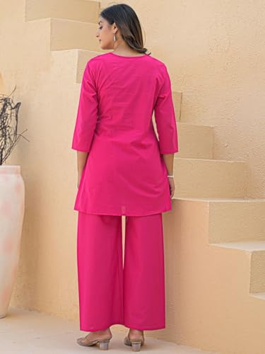 Image of Women's Rayon Kurti Set with Palazzo Pants | Embroidered V-Neck A-Line Short Kurti with 3 /4 Sleeves | Casual Ethnic Co-Ord Set for Daily Wear, Office & Festive