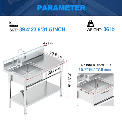 Image of Stainless Steel Utility Sink Freestanding Single Bowl Laundry Sink with 360 Swivel Pull-Out Sprayer Faucet, Hot and Cold Water Plumbing Workbench for Laundry Room Farmhouse
