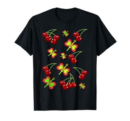 Retrò ciliegia ciliegia frutta farfalle Rockabilly 80 Maglietta