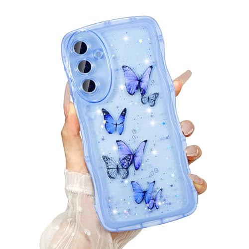 UEEBAI Wave Butterfly Case for Samsung Galaxy A15 4G/5G Case, Pretty Bling Star Butterfly for Women Cute Shiny Glitter Phone Cover for Girls Bling Clear Cover Curly Shockproof Girly Shell - Blue