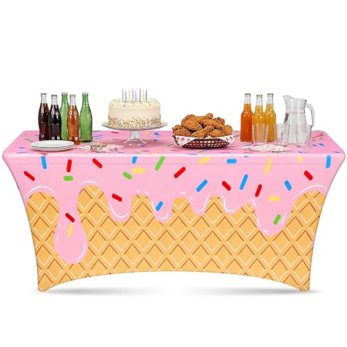Moukeren Ice Cream Spandex Tablecloth Party Decorations 6ft Ice Cream Drip Baseball Table Cover Washable Wrinkle Resistant Stretch Rectangular Patio Tablecloth for Birthday Indoor Kitchen Decor