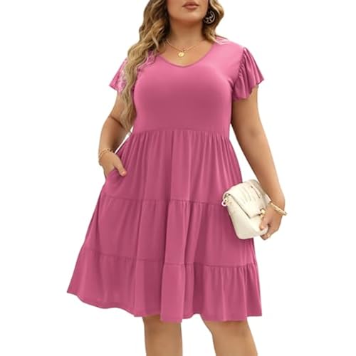 Celkuser Womens Plus Size Summer Casual Ruffle Sleeve Dress