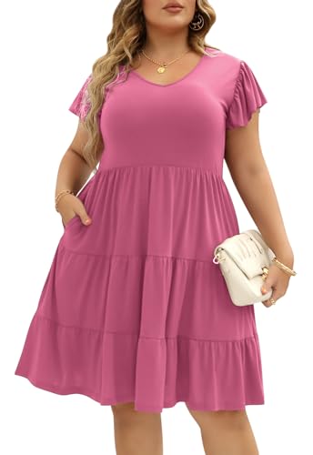 Celkuser Womens Plus Size Summer Casual Ruffle Sleeve Dress(Pink_9XL)