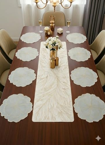 Image of Dining Table Mat and Runner Set for Home Kitchen Reusable Placemat Combo Set for Everyday Dining Use and Table Setup (peral Rose + Modern ractangle Runner, Pack of 9 (8+1))