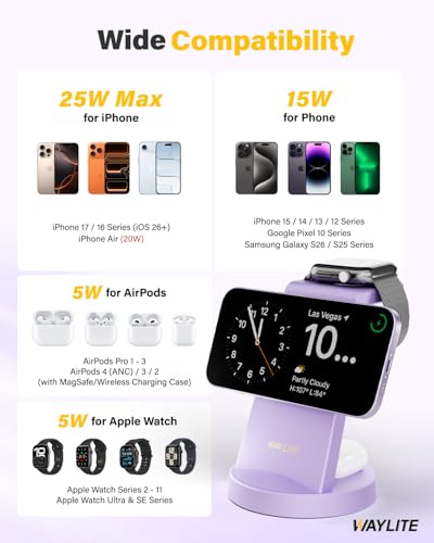 Image of 3 in 1 Fast Charging Station for iPhone, 25W Wireless Magnetic Phone Charger for iPhone 17 16e 16 15 14 13 12 Serise, Watch Charger Stand, Wireless Charging Station for AirPods 4 3 Pro, Purple