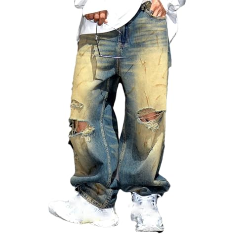 Men’S Vintage Hip Hop Straight Fit Ripped Baggy Distressed Denim Trousers Button Fly Fashion Streetwear Pants