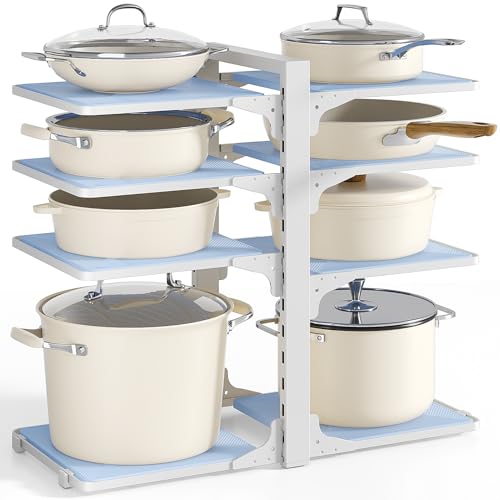 LAMU Pots and Pans Organizer under Cabinet, 8 Tier Heavy Duty Pan Organizers inside Cabinet, Adjustable Pot Rack for Small Kitchen Storage, 15″ Height Holds Cast Iron Pans and Skillets White