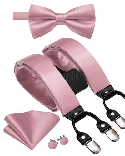 Image of Hi-Tie Men Suspender Bowtie Set Suspenders Pre-tied Bow Tie Pocket Square Cufflinks Adjustable Y Shape 6 Clips Braces Tuxedo