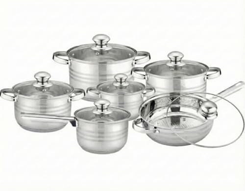 Home24 Batería de Cocina 12 Piezas, Juego de ollas en Acero Inoxidable con Tapas Apta para Todo Tipo de Cocinas Incluyendo Inducción