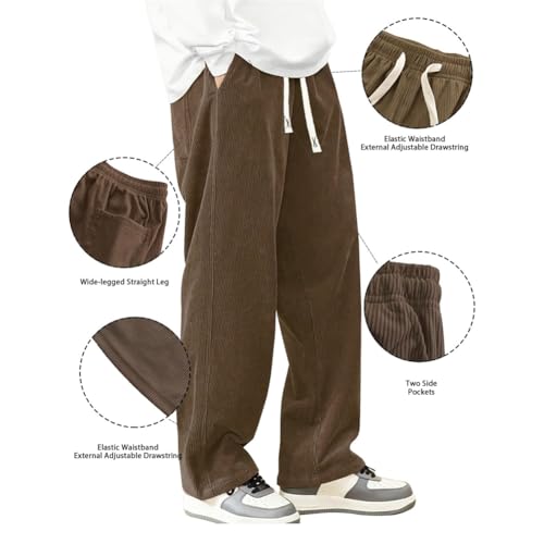 Mens Pants, Corduroy Fabric Men's Daily Casual deep V Striped lace-up Loose Elastic Waist Pocket Pants with Pockets4