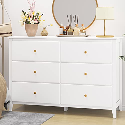 6 Drawer Double Dresser for Bedroom White, Modern Clothes Organizer with Deep Drawer, Wide Chest of Drawers with Gold Metal Handle, Wood Storage Dresser Cabinet for Closet, Living Room, Entryway