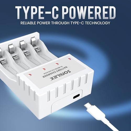 Image of Sonilex AA & AAA Battery Charger, 4-Slot LED Smart Charger (White)