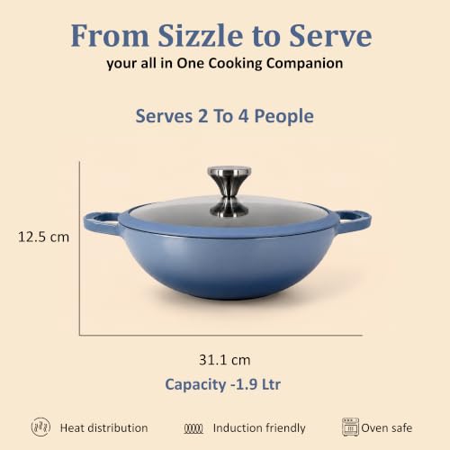 Image of Vinod Freya Cast Iron Deep Kadai with Glass Lid, 22 cm 1.9L | TREON Technology Enamel Kadhai for Frying, Sabzi, Curry & Cooking | No Seasoning Required | Induction & Gas Compatible | 100% Non-Toxic