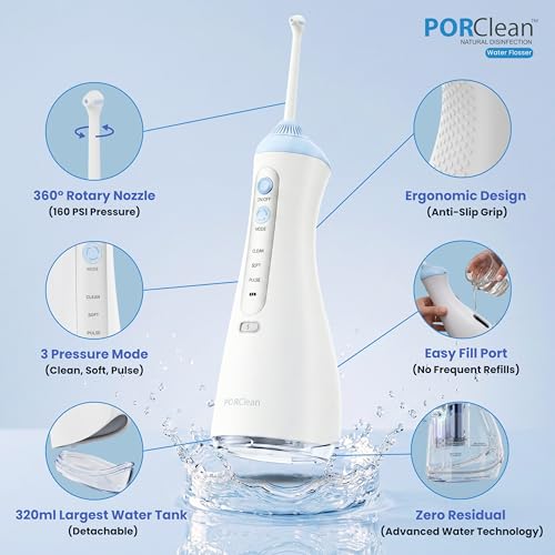 Image of PORClean 200V Water Flosser for teeth with UVA+UVC Toothbrush Sanitizer holder Combo, Cordless Oral Care, Wall Mounted, Rechargeable IPX7 Waterproof - 1 Year Warranty