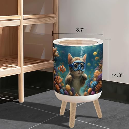 Caneca de basura pequeña redonda con tapa y patas de madera miniatura 3
