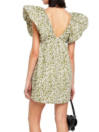 hibshaby Women's Floral Print Mini Dress V Neck Puff Sleeve Dress Short Babydoll Bow Dress3
