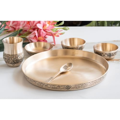 Image of Indian Art Villa Bronze 6 Pcs Thali Set with Matt Embossed Design, Traditional Bronze Dinner Thali for Indian Meals, Festive Dining & Heritage Gifting, 11.5 Inch