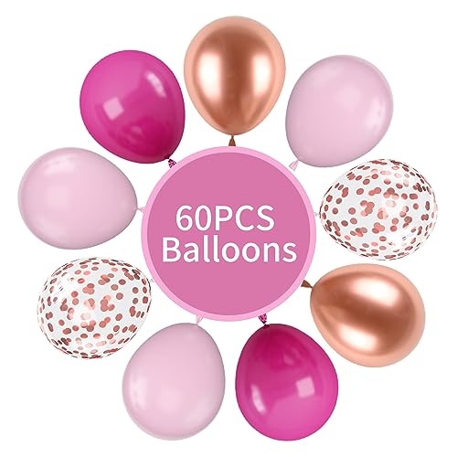 Image of Hot Pink and Rose Gold Balloons, 60Pcs Pastel Pink Balloon, 12 Inch Metallic Rose Gold Confetti Balloons Helium Rose Red Latex Balloon for Girls Birthday Baby Shower Wedding Bridal Party Decorations