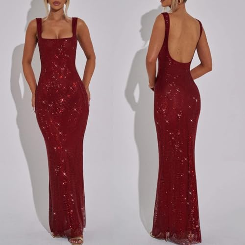 Robe de soirée en maille scintillante longue et moulante à col carré