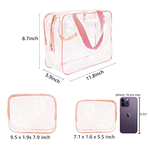 3Pcs Crystal Clear Pvc Travel Toiletry Bag Kit For Women Men, Waterproof Vinyl Packing Organizer Storage Bags With Zipper Handle Straps, Cosmetic Pouch Carry On Airport Airline Compliant Bag Handbag #TOP4