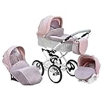SKYLINE Klassisch Retro Stil Wicker LUX Kombi-Kinderwagen Buggy 3in1 Reise System Autositz (Isofix) (Light Pink/14 "Räder)